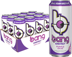 Bang lata frontal Purple Haze mostrando formato de 16 onzas y energía portátil