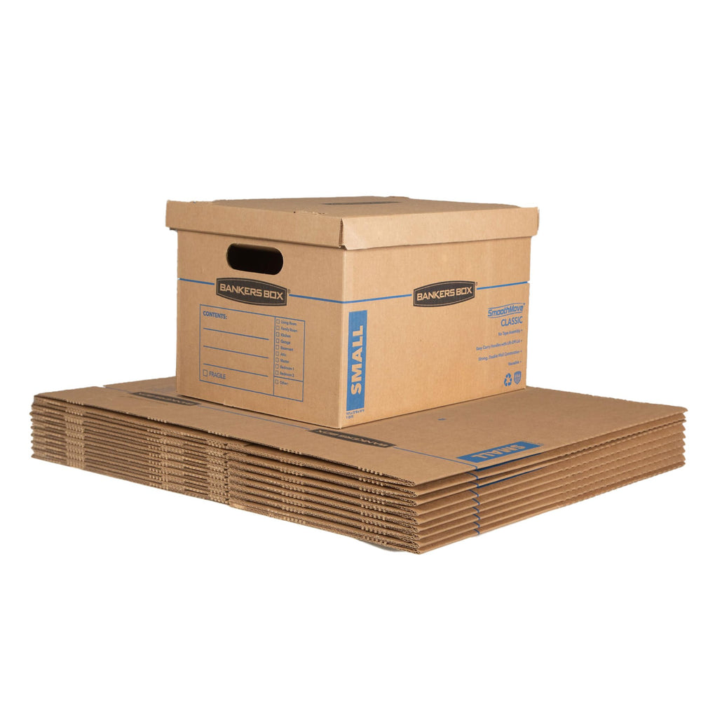Bankers Box paquete frontal mostrando 10 cajas, fácil organización