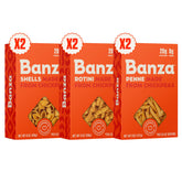 Banza front packaging variety pack showing multiple pasta shapes and bright orange box benefits