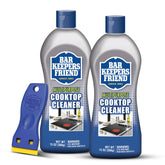 Bar Keepers Friend frontal del envase mostrando la presentación doble y raspador, limpieza eficaz