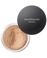 bareMinerals frasco frontal mostrando el empaque y tono Medium Beige beneficios de cobertura