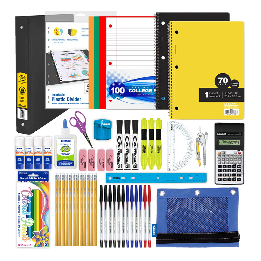 BAZIC PRODUCTS vista frontal del kit 65 piezas, solución completa escolar