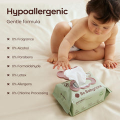 bc babycare envase con tapa abierta listo para extraer una toallita, uso fácil
