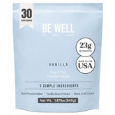 Be Well by Kelly frente del envase mostrando sello limpio y beneficio de proteína pura