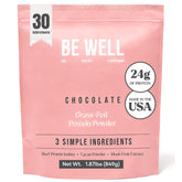 Be Well by Kelly envase frontal con diseño claro y proteína chocolate