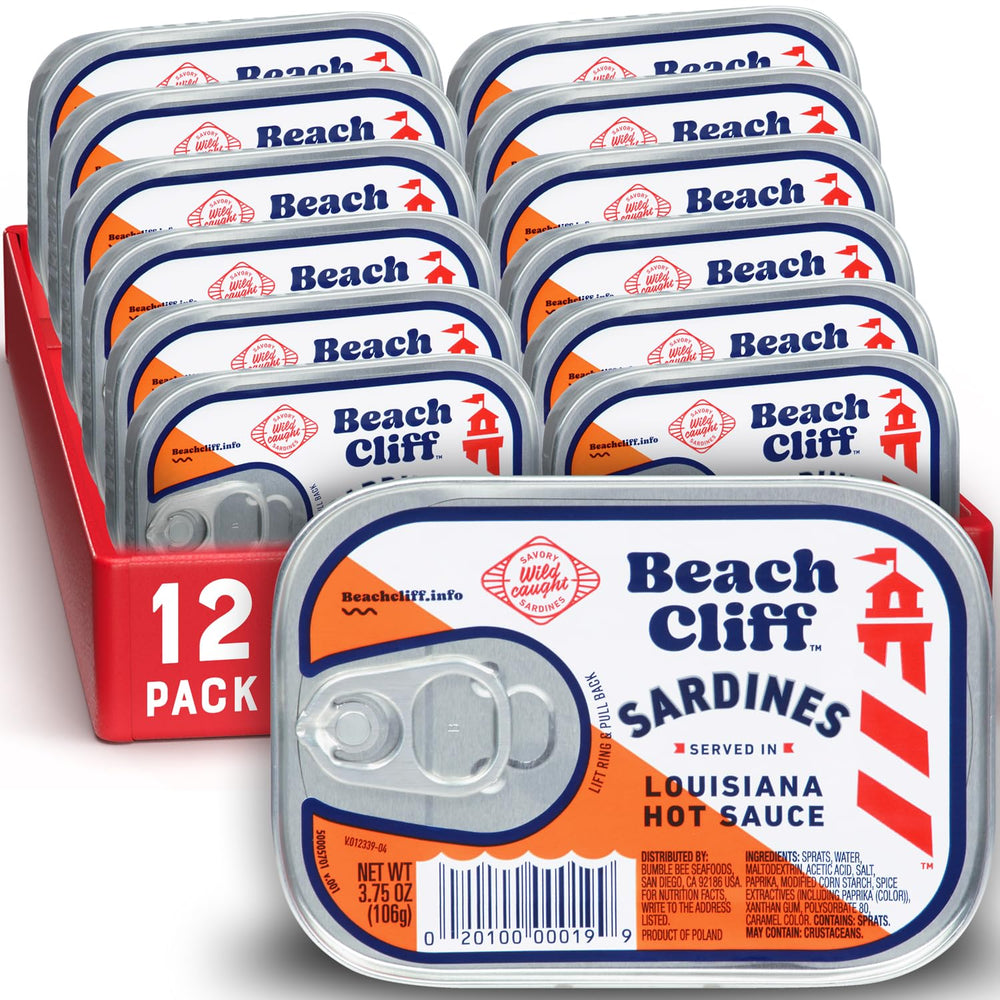 Beach Cliff frontal de lata mostrando sardinas en salsa picante y conveniencia