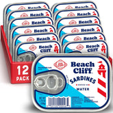 Beach Cliff lata frontal del pack de 12 con etiqueta clara y diseño informativo