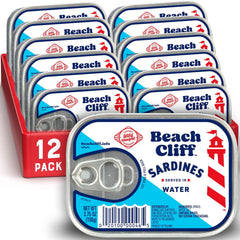 Beach Cliff lata frontal del pack de 12 con etiqueta clara y diseño informativo