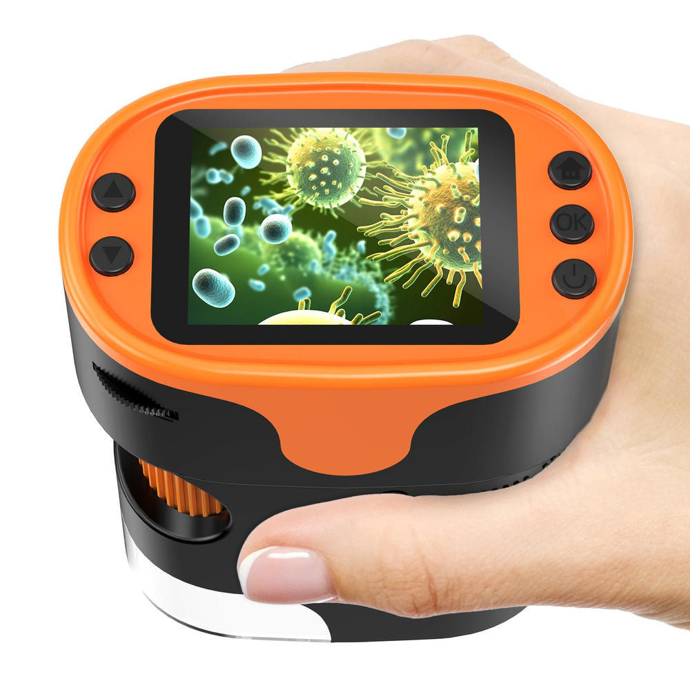 BEBANG vista frontal del microscopio y su empaquetado, ideal para regalo educativo
