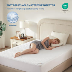 BEDLORE protector colocado en colchón California King demostrando ajuste seguro