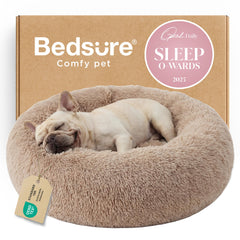 Bedsure cama donut frontal color camel mostrando forma acogedora y soporte