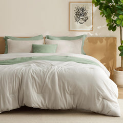 Bedsure edredón frontal beige mostrando caída y estilo