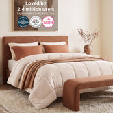 Bedsure edredón frontal Queen mostrando caída y color beige, aspecto acogedor