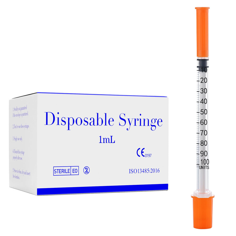 BeHerk caja frontal de 100 jeringas 1ml mostrando empaques individuales y contenido