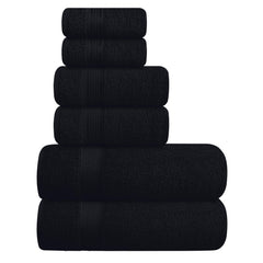 Belizzi Home front view of 6-pack black towels showing set and packaging, neat storage benefit