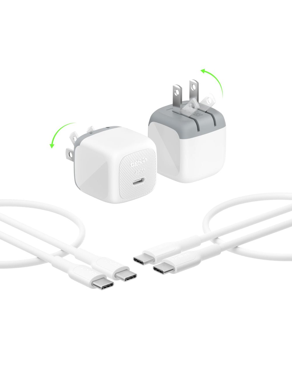 Belkin cargador frontal pack 2 mostrando puerto USB-C, conveniencia para viajar