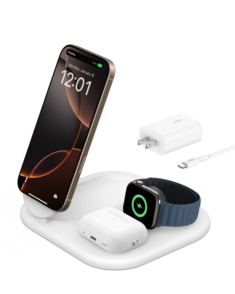 Belkin vista frontal del cargador 3 en 1 plegado, diseño compacto y listo