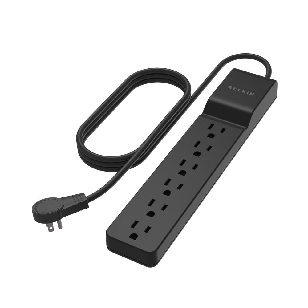 Belkin regleta frontal mostrando las seis tomas y acabado compacto, organiza tu escritorio