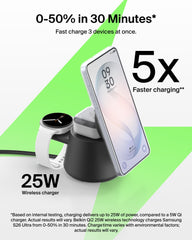 Belkin pads duales mostrando teléfono y auriculares cargando simultáneamente
