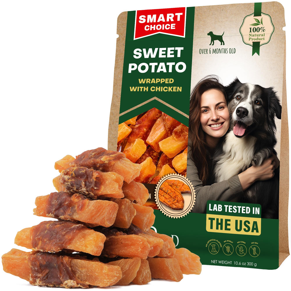 Beloved Pets empaque frontal de golosinas batata y pollo mostrando beneficios claros