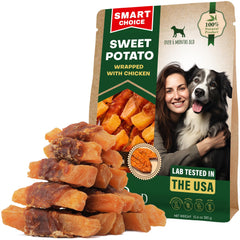 Beloved Pets empaque frontal de golosinas batata y pollo mostrando beneficios claros