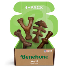 Benebone caja frontal mostrando cuatro mordedores duraderos para rotación