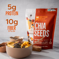 BetterBody Foods chía textura en primer plano, fácil de mezclar