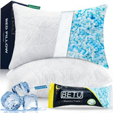 BETU frontal del set de almohadas queen mostrando embalaje y blancura, comodidad
