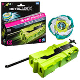 Beyblade lanzador frontal mostrando clip y diseño portátil