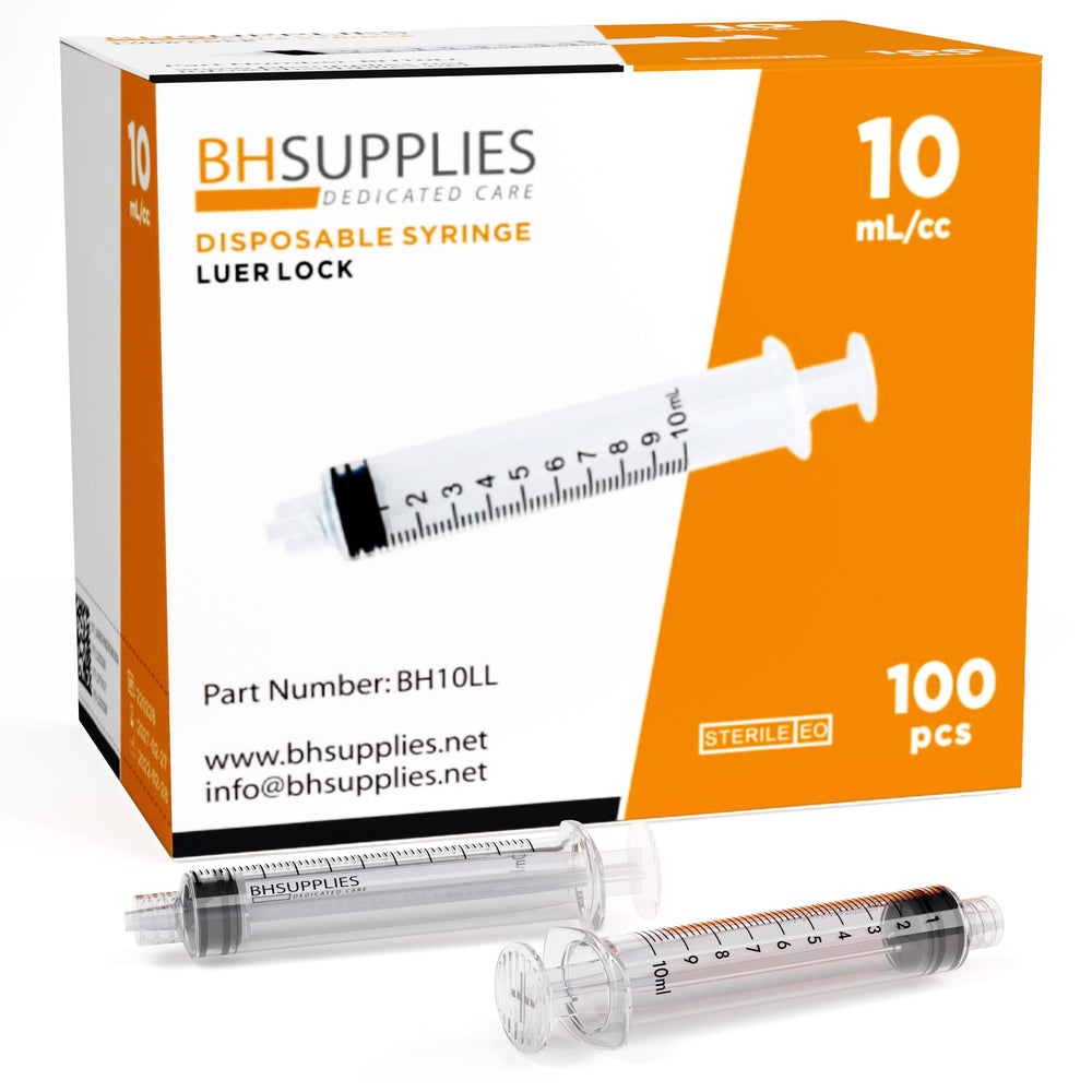 BH SUPPLIES frente del pack de 100 jeringas estériles, almacenamiento seguro