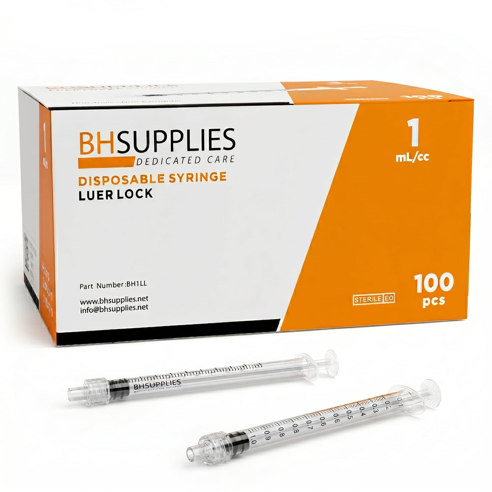 BH SUPPLIES jeringa 1 ml frente del empaque caja de 100 para fácil almacenamiento