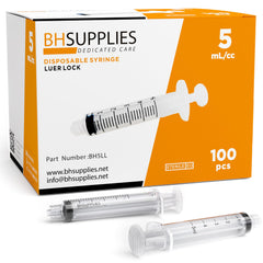 BH SUPPLIES jeringa 5 mL vista frontal, paquete de 100 brinda suministro constante