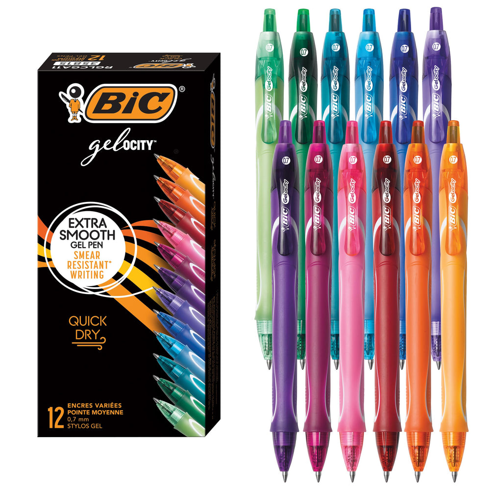 BIC Gelocity frontal del paquete mostrando los 12 colores y beneficio organización