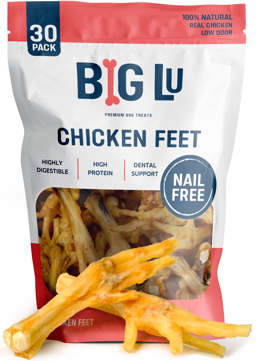Big Lu envase frontal mostrando 30 patas de pollo y beneficios naturales
