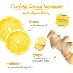 Bigelow Tea detalle de hojas, limón y jengibre indicando ingredientes naturales