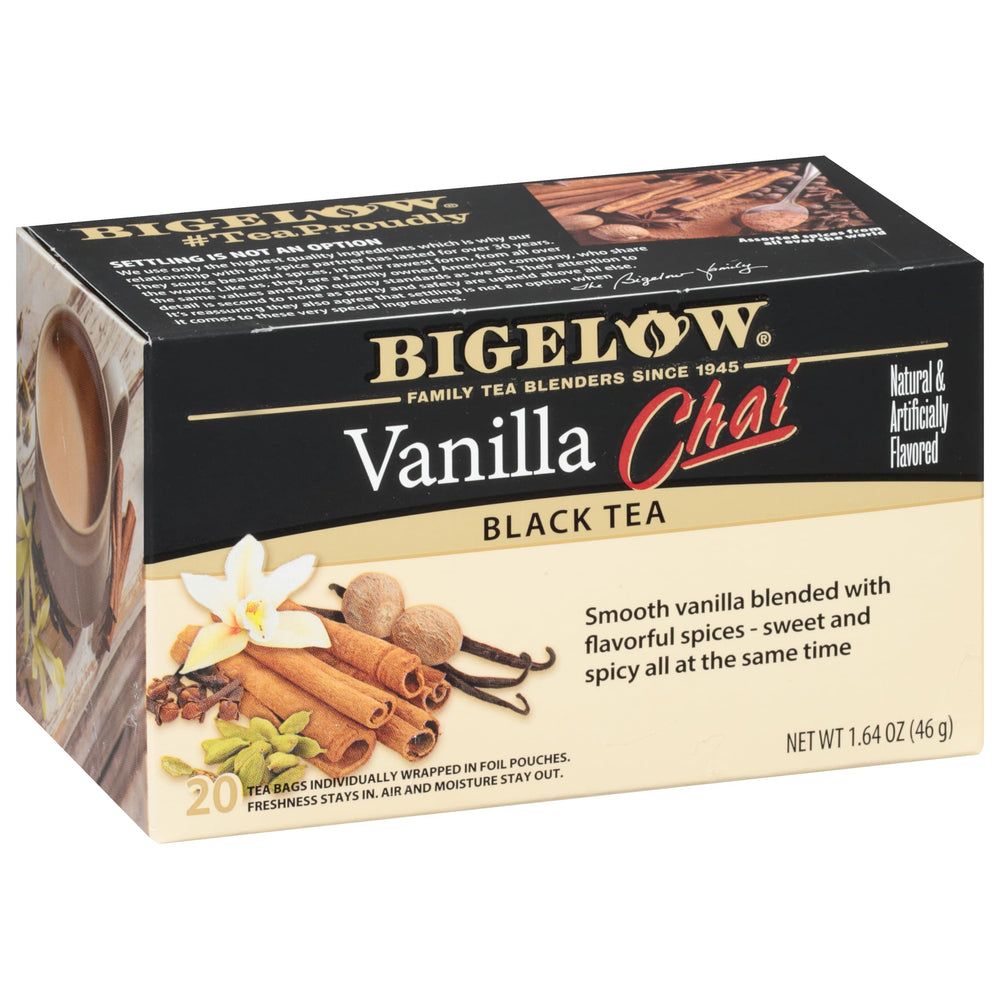 Bigelow front packaging showing vanilla chai flavor and pack details, enticing aroma benefit