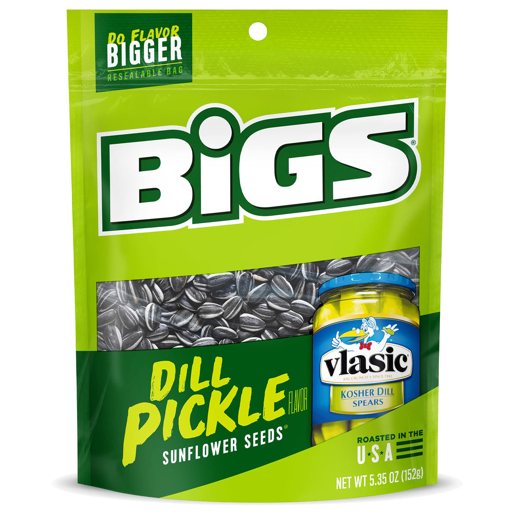 BIGS frente del empaque mostrando sabor Vlasic y conveniencia resellable