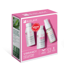 Biolage kit frontal mostrando las tres piezas y beneficio de cuidado del color
