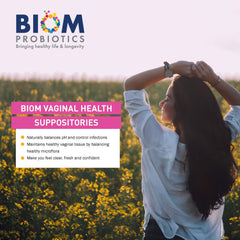 Biom Probiotics etiqueta con ingredientes y ventaja de fórmula limpia