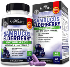 BioSchwartz frasco Elderberry con cápsulas, presentación clara y profesional
