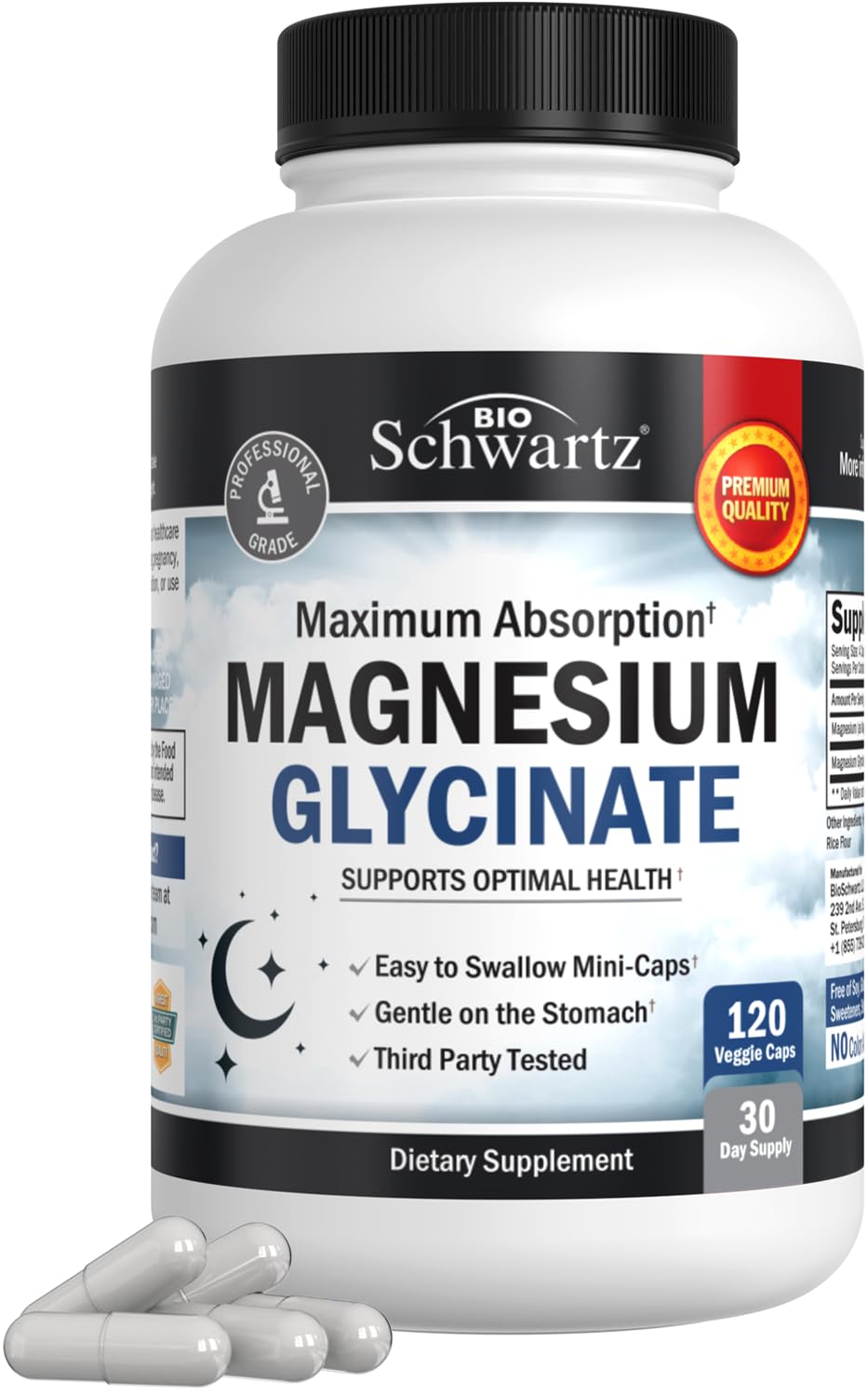 Botella frontal BioSchwartz Magnesium Glycinate mostrando 120 cápsulas y beneficios claros