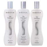 BioSilk kit frontal con champú, acondicionador y sérum mostrando envases y beneficios