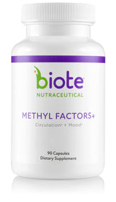 Biote Methyl Factors frasco delantero mostrando la presentación y beneficio de soporte nutricional