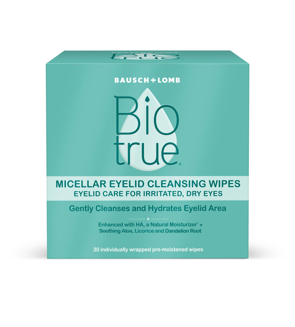 Biotrue pack frontal de toallitas para párpados mostrando diseño y cantidad