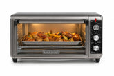 BLACK+DECKER vista frontal del horno tostador muestra construcción y puerta transparente para control fácil