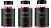 Black Girl Vitamins paquete frontal mostrando los tres productos para belleza y bienestar