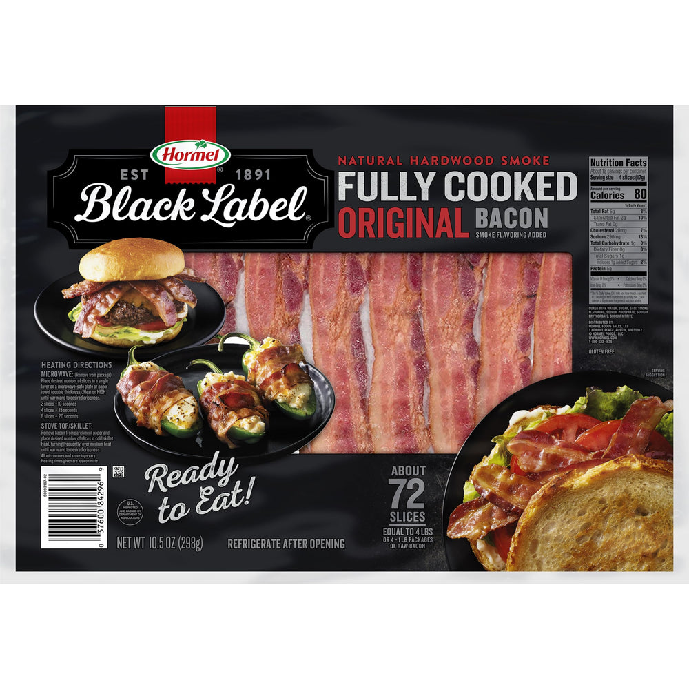Black Label HORMEL paquete frontal del tocino listo para comer mostrando etiqueta y tamaño