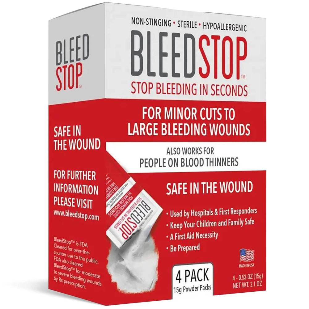 BleedStop frente del empaque mostrando cuatro pouches y etiquetado claro que facilita identificación