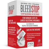 BleedStop frente del empaque mostrando cuatro pouches y etiquetado claro que facilita identificación