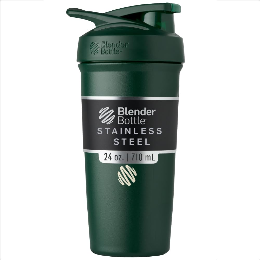 BlenderBottle vista frontal 24 oz verde mostrando diseño resistente y tapa segura